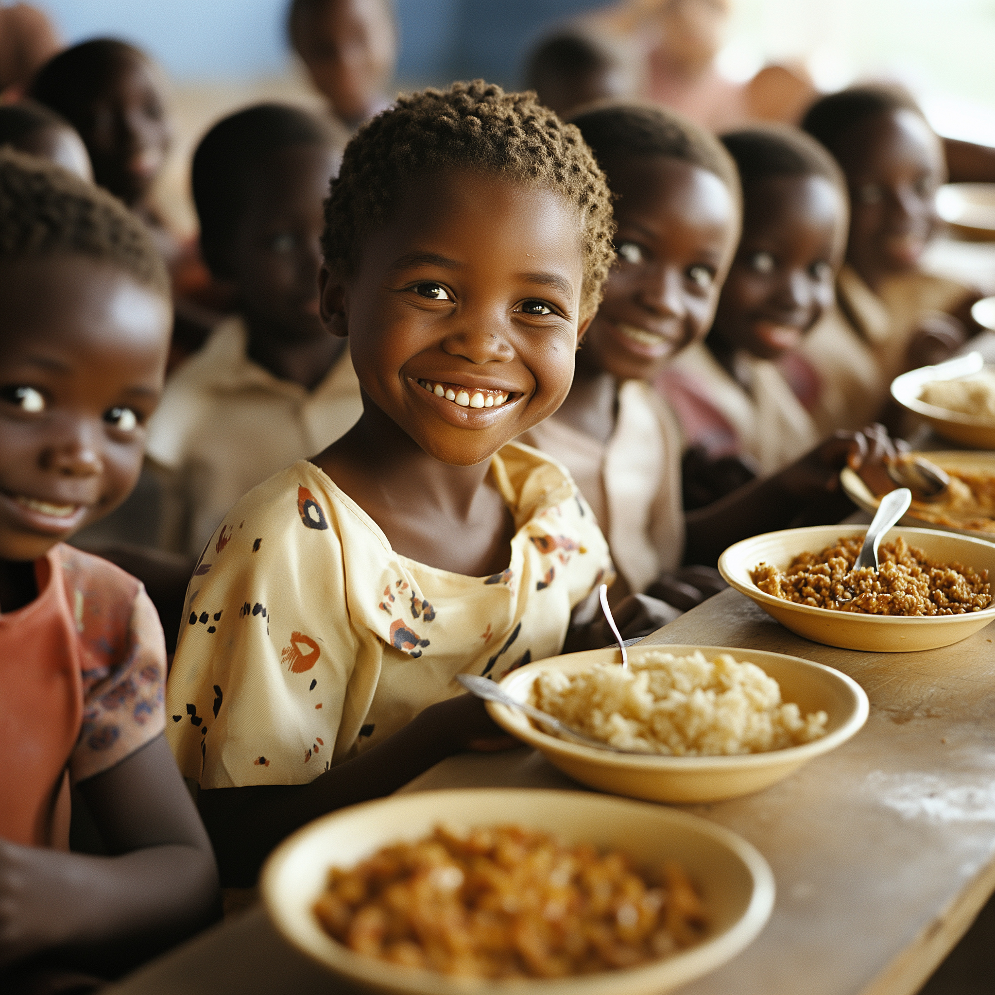 Group of children enjoying nutritious meals provided through our hunger relief programs
